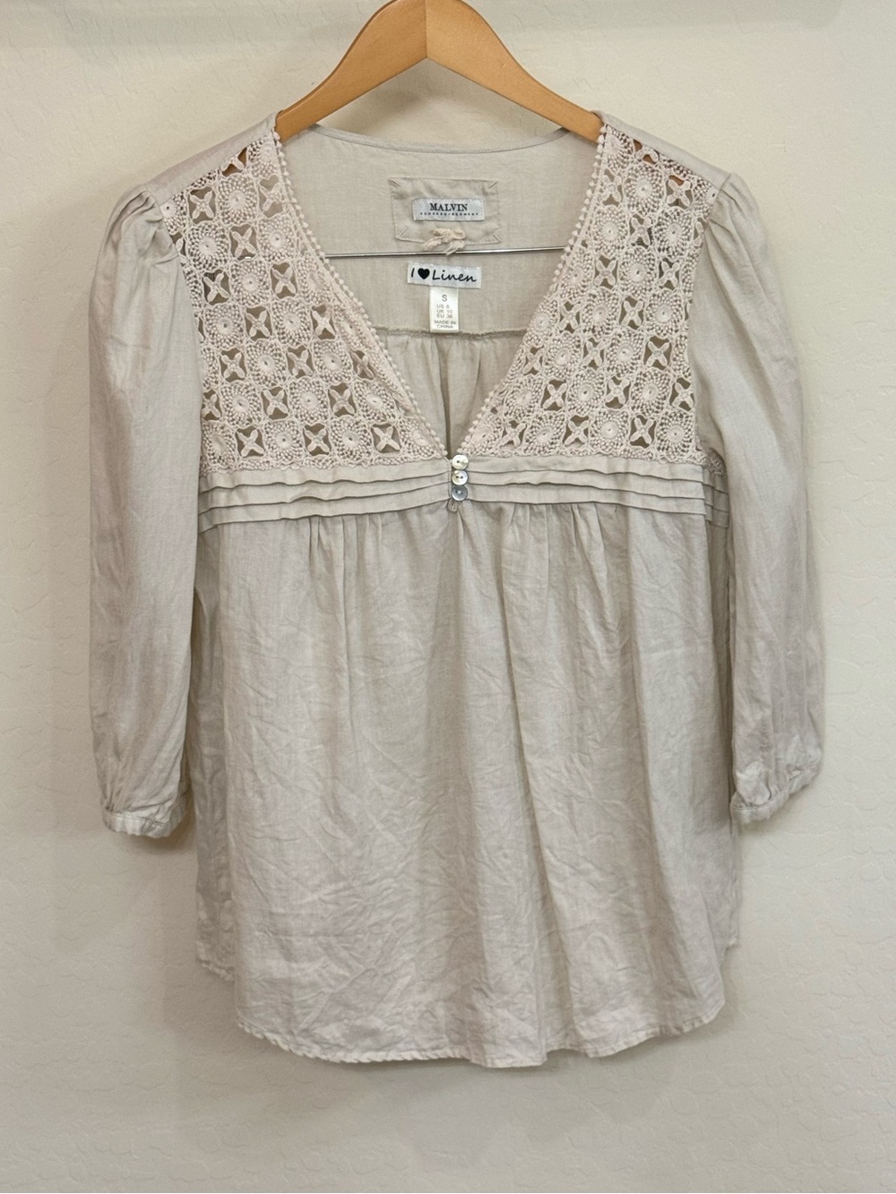 Malvin Hamburg Germany "I Love Linen" Crochet Lace Boho Coastal Blouse Sz Small